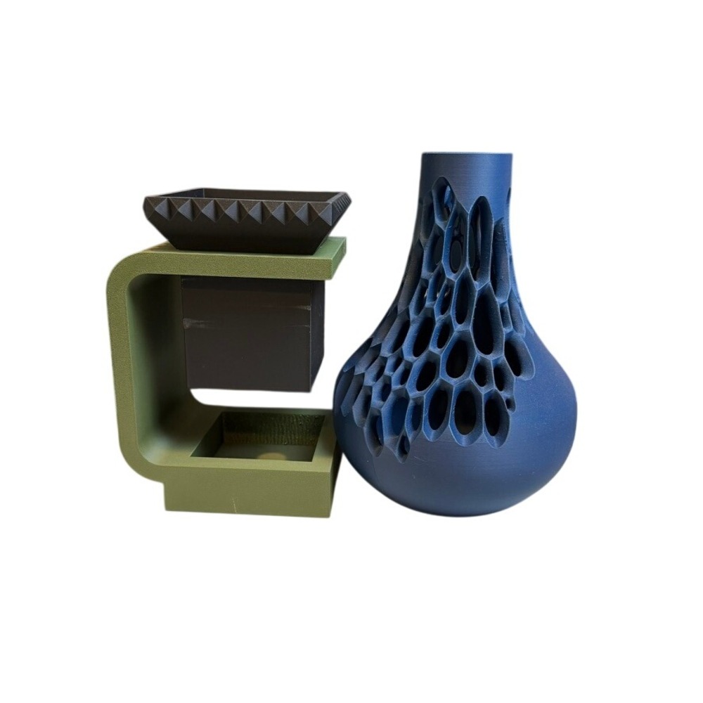 3D Printed Voronoi Vase & Geometric Planter Set Blue Green Brutalist Avant-Garde
